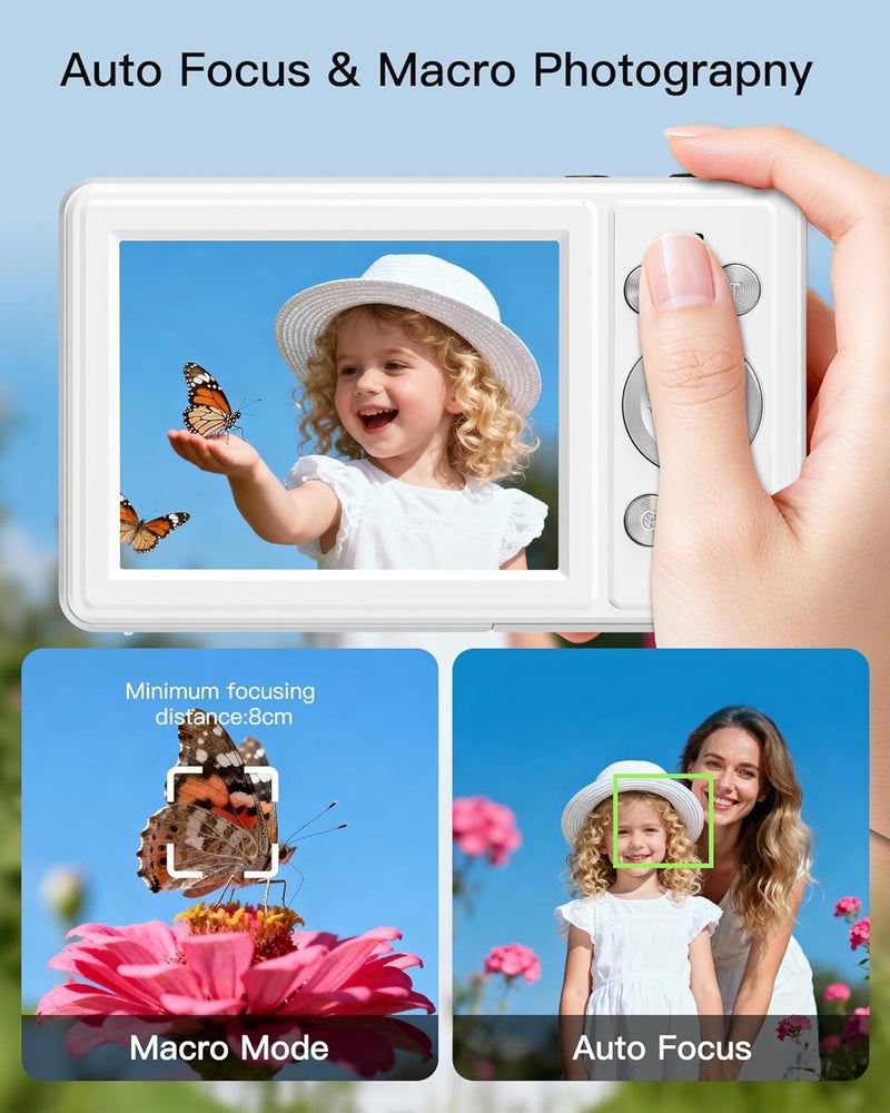 WONNIE كاميرا رقمية، كاميرا تصوير فوري FHD 1080P مع بطاقة SD سعة 32GB، 2 بطاريات، زوم 16X، مضادة للاهتزاز، تصميم صغير مدمج للأطفال والمراهقين والطلاب والفتيات والفتيان (أبيض) - Image 3